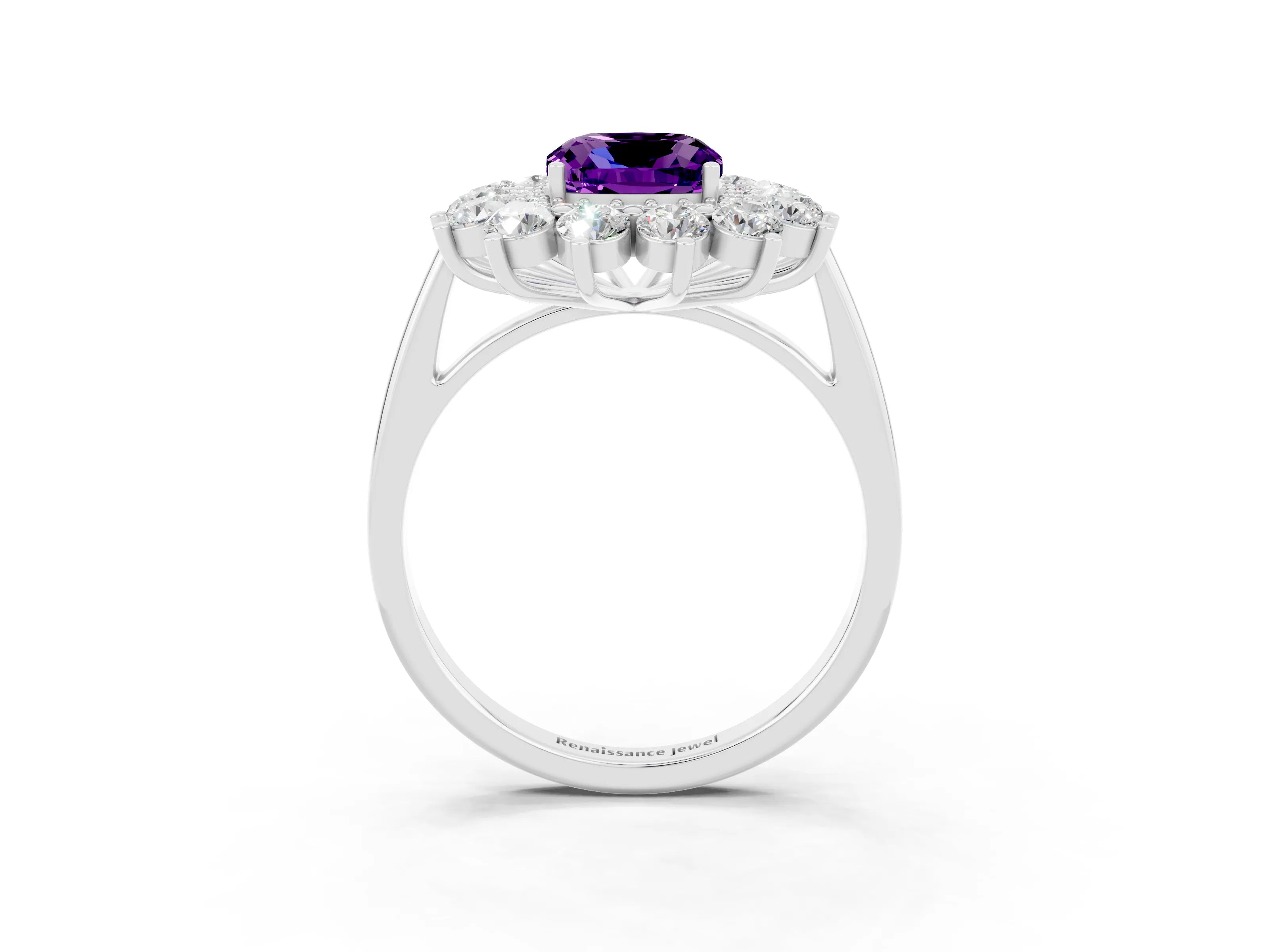 White gold Cushion Cut Halo Cluster Diamond Ring with Pave Band and Four-Prong Setting_3