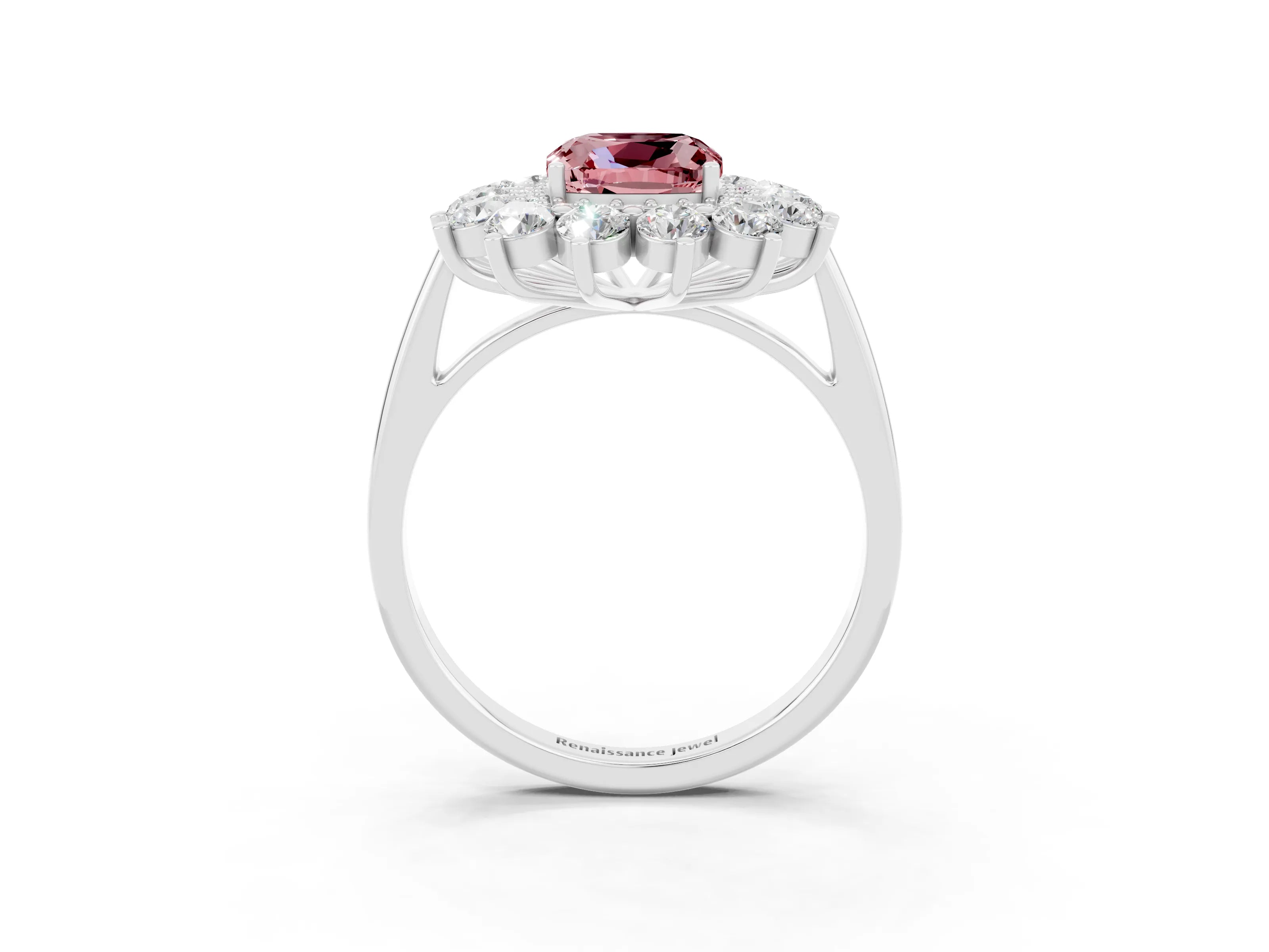 White gold Cushion Cut Halo Cluster Diamond Ring with Pave Band and Four-Prong Setting_3