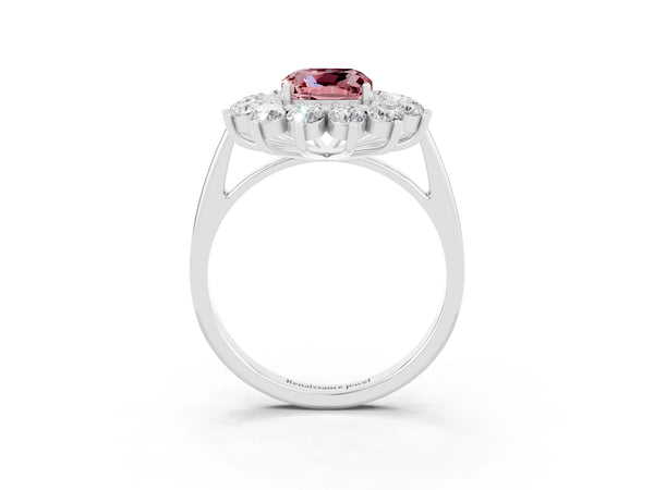 Platinum Cushion Cut Halo Cluster Diamond Ring with Pave Band and Four-Prong Setting