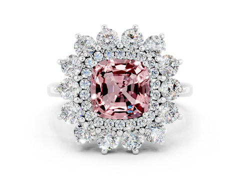 White gold Cushion Cut Halo Cluster Diamond Ring with Pave Band and Four-Prong Setting