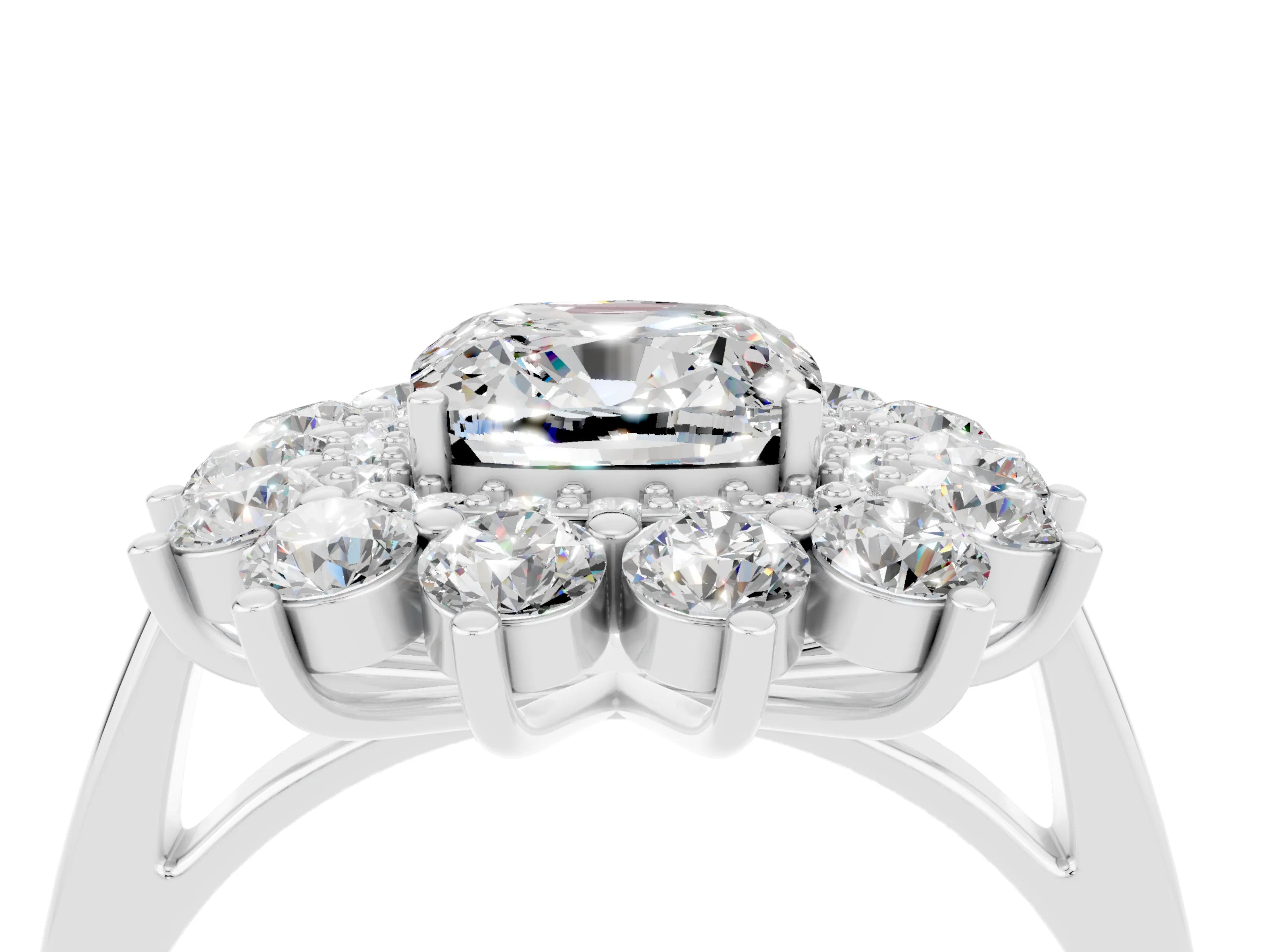 White gold Cushion Cut Halo Cluster Diamond Ring with Pave Band and Four-Prong Setting_4