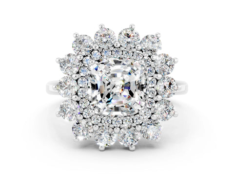 White gold Cushion Cut Halo Cluster Diamond Ring with Pave Band and Four-Prong Setting