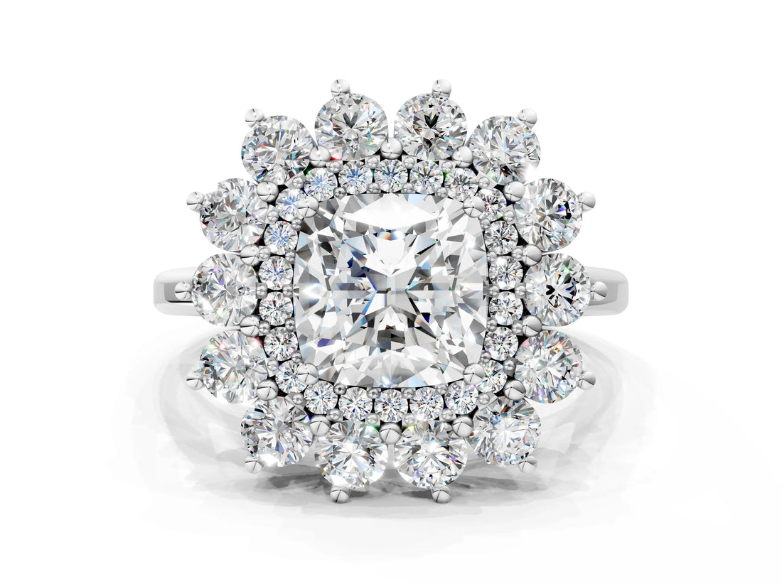 White gold Cushion Cut Halo Cluster Diamond Ring with Pave Band and Four-Prong Setting_7