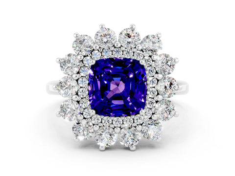 White gold Cushion Cut Halo Cluster Diamond Ring with Pave Band and Four-Prong Setting