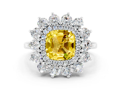 White gold Cushion Cut Halo Cluster Diamond Ring with Pave Band and Four-Prong Setting