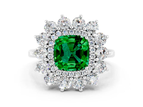 White gold Cushion Cut Halo Cluster Diamond Ring with Pave Band and Four-Prong Setting