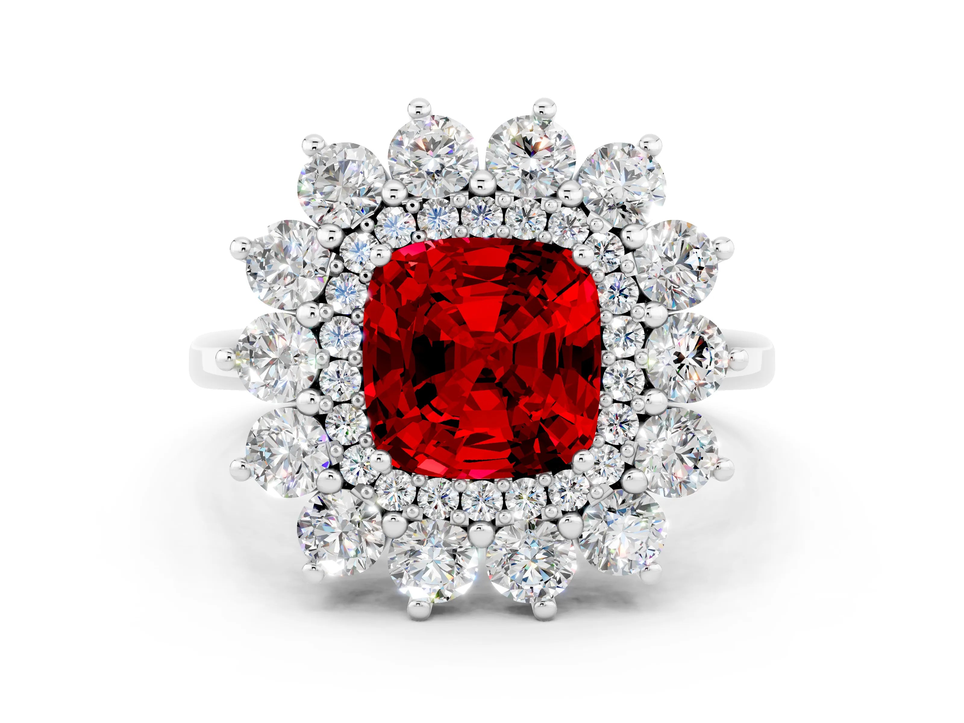 White gold Cushion Cut Halo Cluster Diamond Ring with Pave Band and Four-Prong Setting