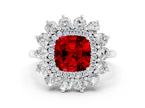 White gold Cushion Cut Halo Cluster Diamond Ring with Pave Band and Four-Prong Setting
