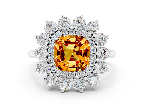 White gold Cushion Cut Halo Cluster Diamond Ring with Pave Band and Four-Prong Setting
