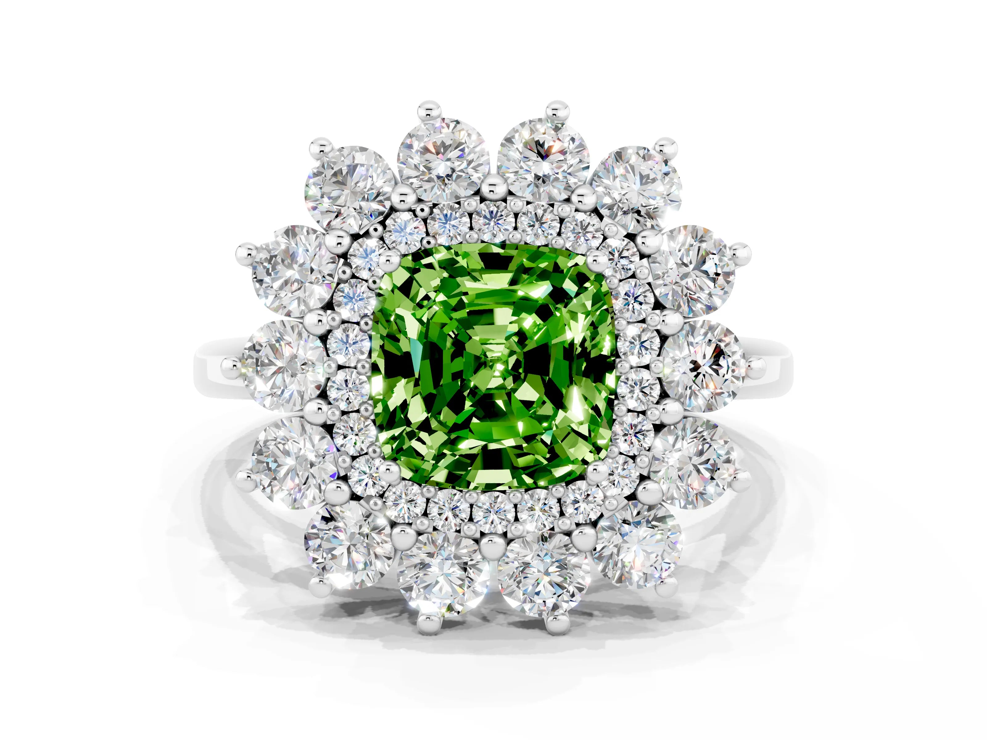 White gold Cushion Cut Halo Cluster Diamond Ring with Pave Band and Four-Prong Setting