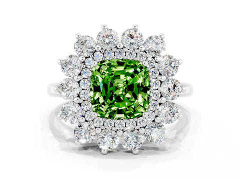 White gold Cushion Cut Halo Cluster Diamond Ring with Pave Band and Four-Prong Setting