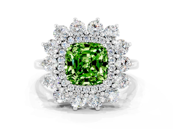 Platinum Cushion Cut Halo Cluster Diamond Ring with Pave Band and Four-Prong Setting