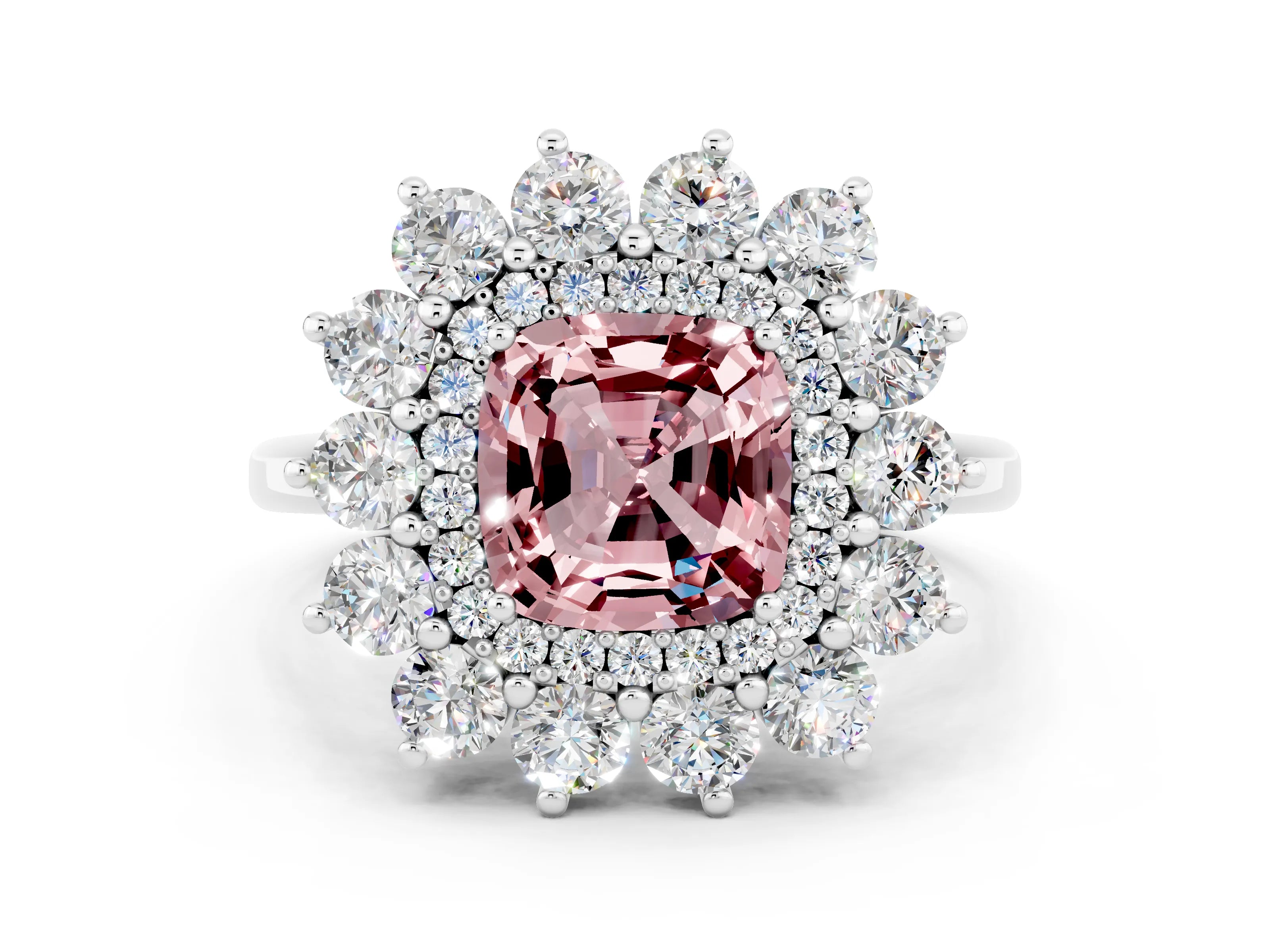 White gold Cushion Cut Halo Cluster Diamond Ring with Pave Band and Four-Prong Setting