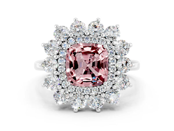 Silver Cushion Cut Halo Cluster Diamond Ring with Pave Band and Four-Prong Setting