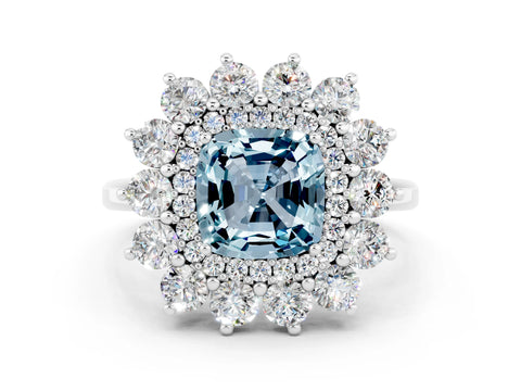 White gold Cushion Cut Halo Cluster Diamond Ring with Pave Band and Four-Prong Setting