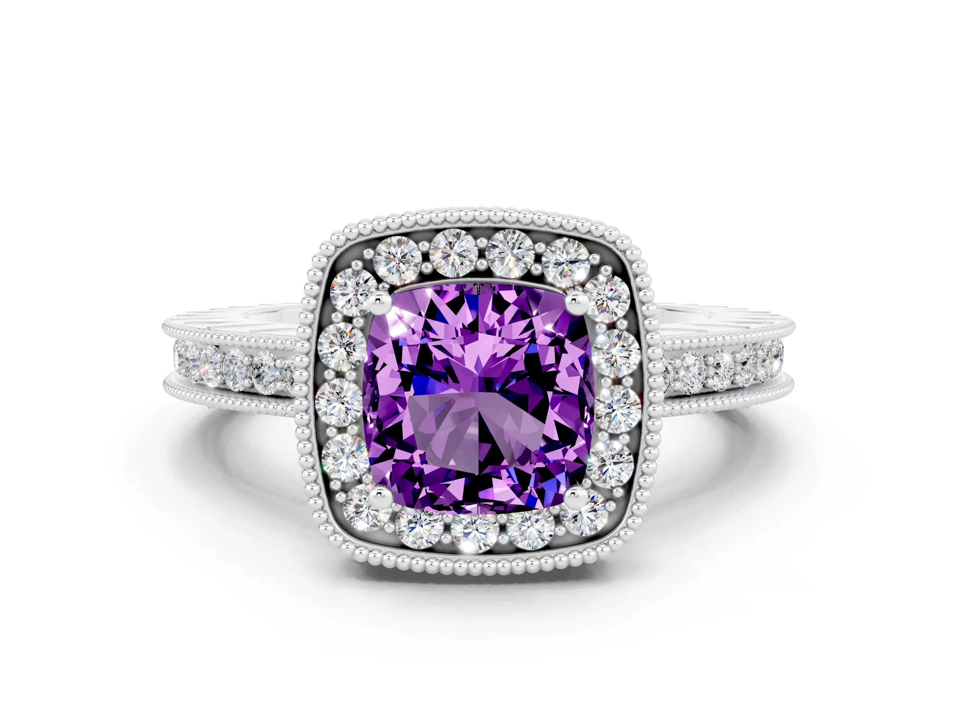White gold Cushion Cut Halo Diamond Engagement Ring with Milgrain Pave Band and Four-Prong Setting