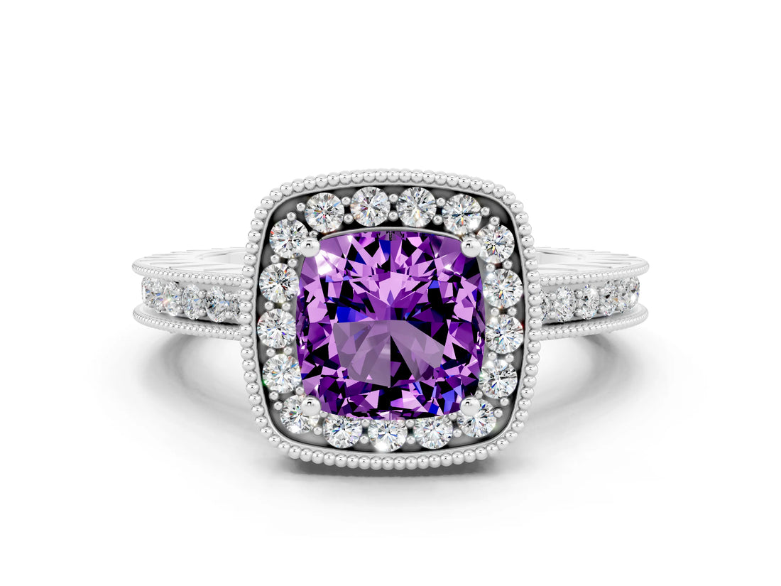 White gold Cushion Cut Halo Diamond Engagement Ring with Milgrain Pave Band and Four-Prong Setting