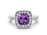 White gold Cushion Cut Halo Diamond Engagement Ring with Milgrain Pave Band and Four-Prong Setting