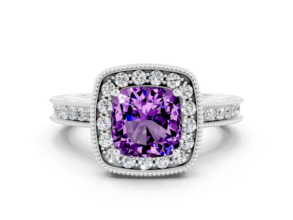 Platinum Cushion Cut Amethyst Milgrain Halo Engagement Ring with Round Pavé Band and Prong Setting