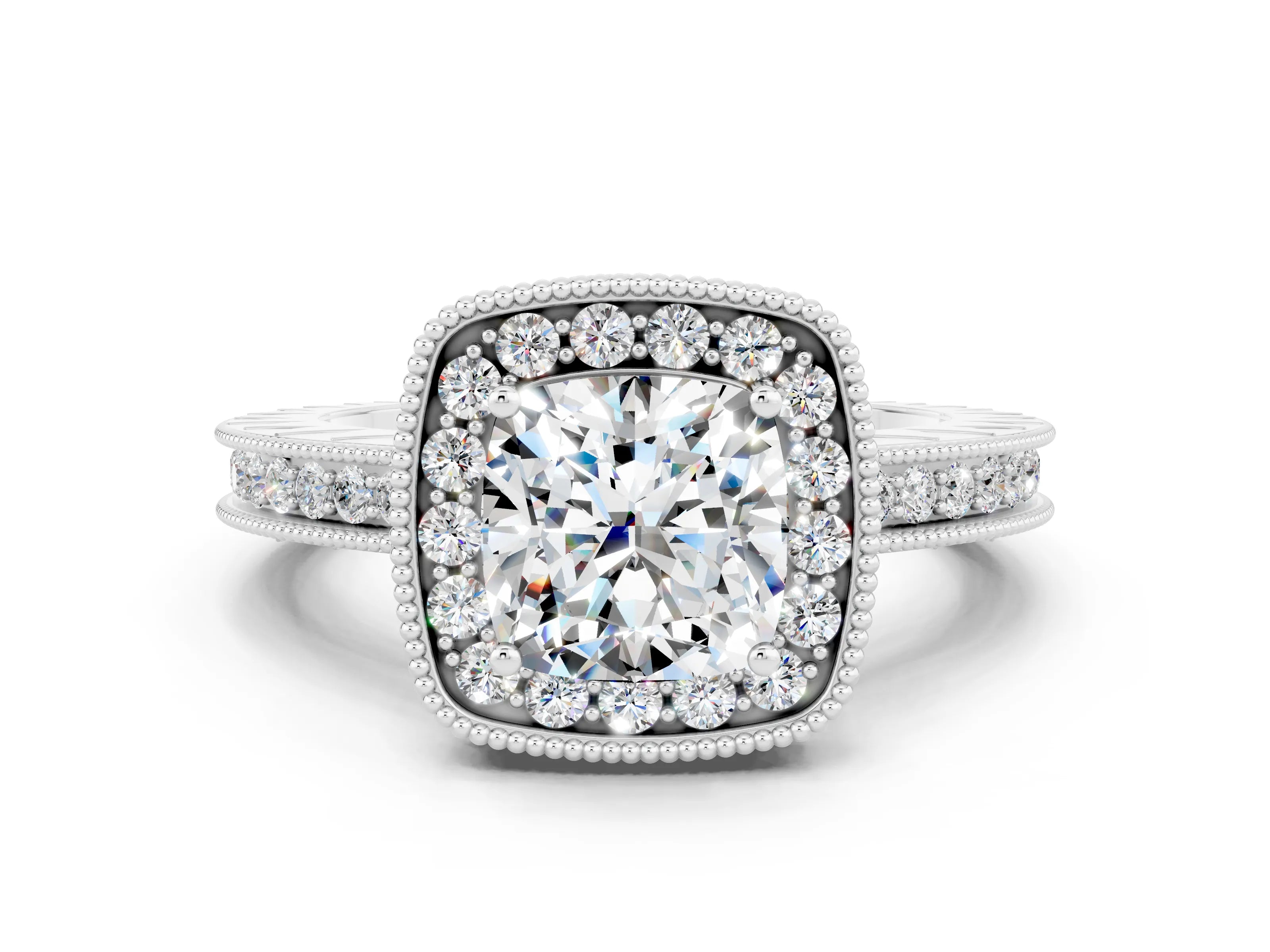 White gold Cushion Cut Halo Diamond Engagement Ring with Milgrain Pave Band and Four-Prong Setting