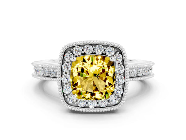 White gold Cushion Cut Halo Diamond Engagement Ring with Milgrain Pave Band and Four-Prong Setting