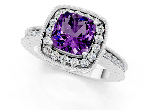 Platinum Cushion Cut Amethyst Milgrain Halo Engagement Ring with Round Pavé Band and Prong Setting