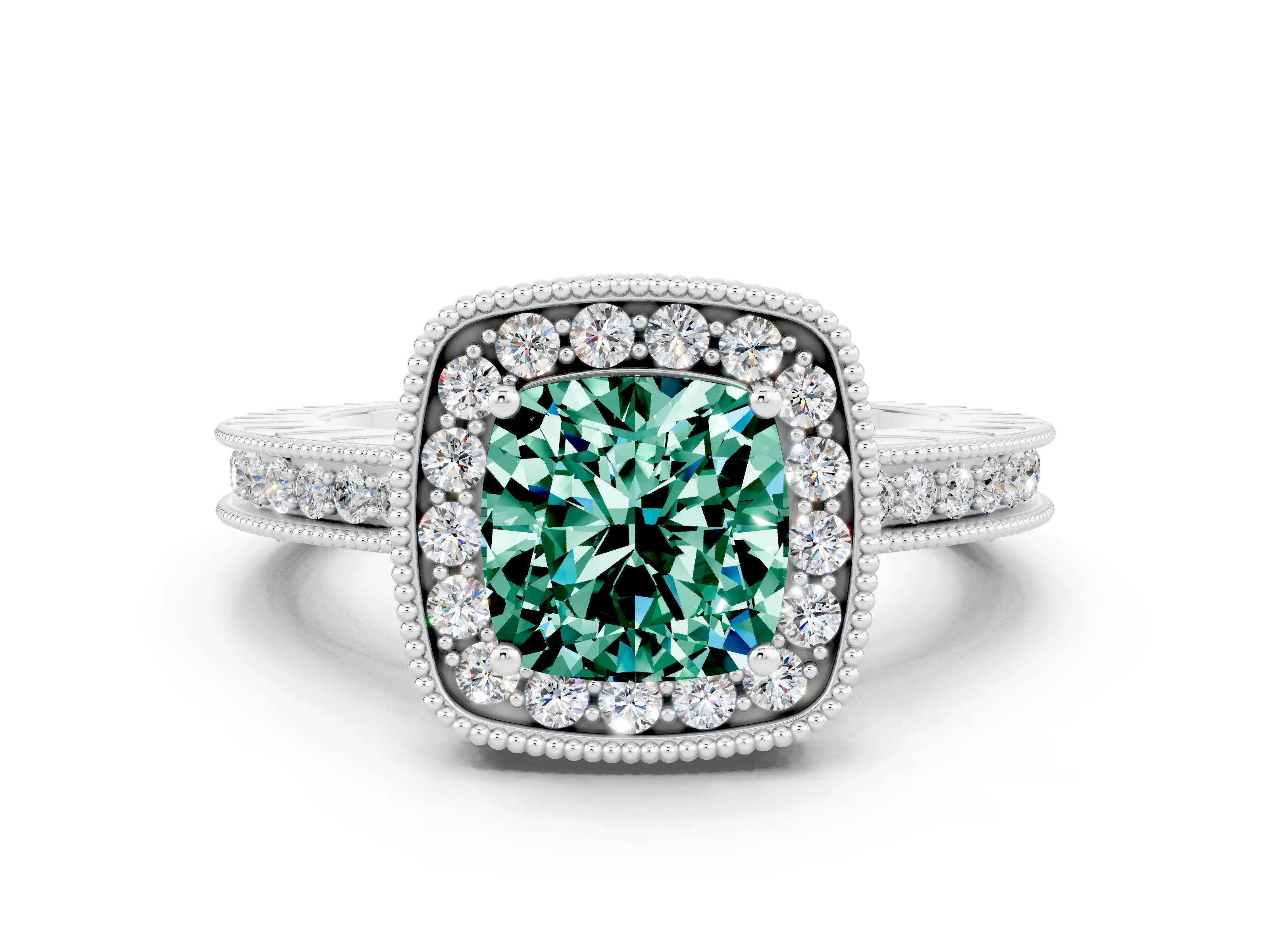 White gold Cushion Cut Halo Diamond Engagement Ring with Milgrain Pave Band and Four-Prong Setting