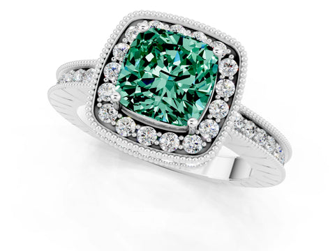 White gold Cushion Cut Halo Diamond Engagement Ring with Milgrain Pave Band and Four-Prong Setting_1