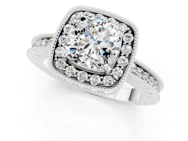 Platinum Cushion Cut Halo Diamond Engagement Ring with Milgrain Pave Band and Four-Prong Setting