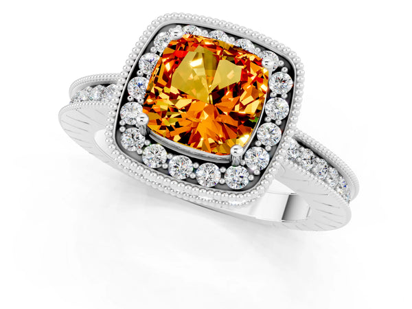 Platinum Cushion Cut Halo Diamond Engagement Ring with Milgrain Pave Band and Four-Prong Setting