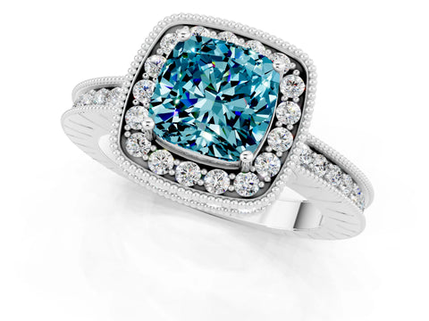 White gold Cushion Cut Halo Diamond Engagement Ring with Milgrain Pave Band and Four-Prong Setting_1