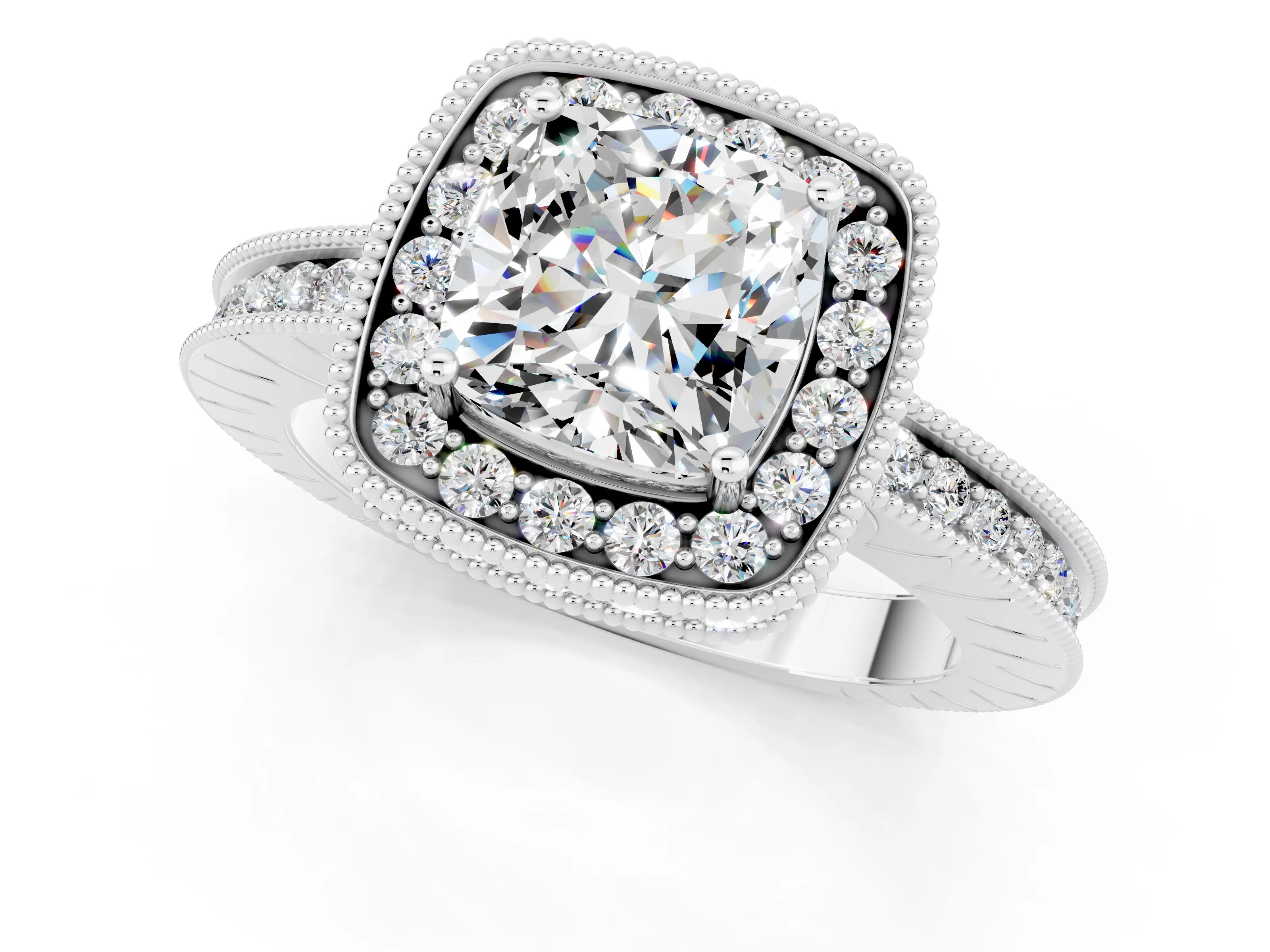 White gold Cushion Cut Halo Diamond Engagement Ring with Milgrain Pave Band and Four-Prong Setting_1