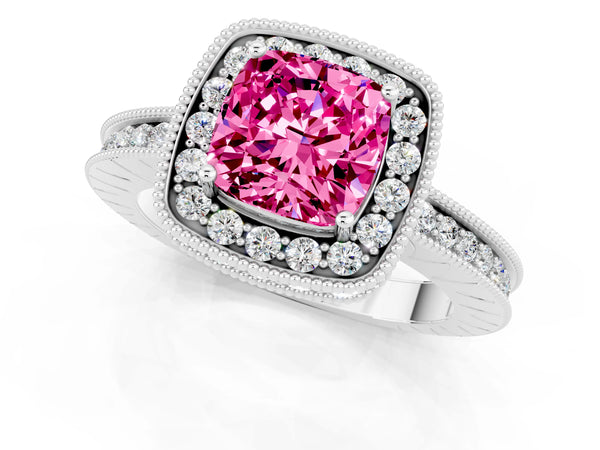 White gold Cushion Cut Halo Diamond Engagement Ring with Milgrain Pave Band and Four-Prong Setting