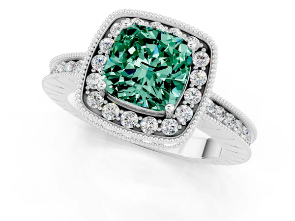 White gold Cushion Cut Halo Diamond Engagement Ring with Milgrain Pave Band and Four-Prong Setting