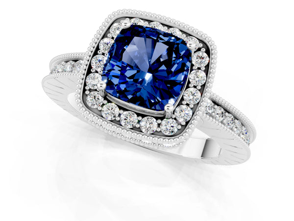 Silver Cushion Cut Halo Diamond Engagement Ring with Milgrain Pave Band and Four-Prong Setting