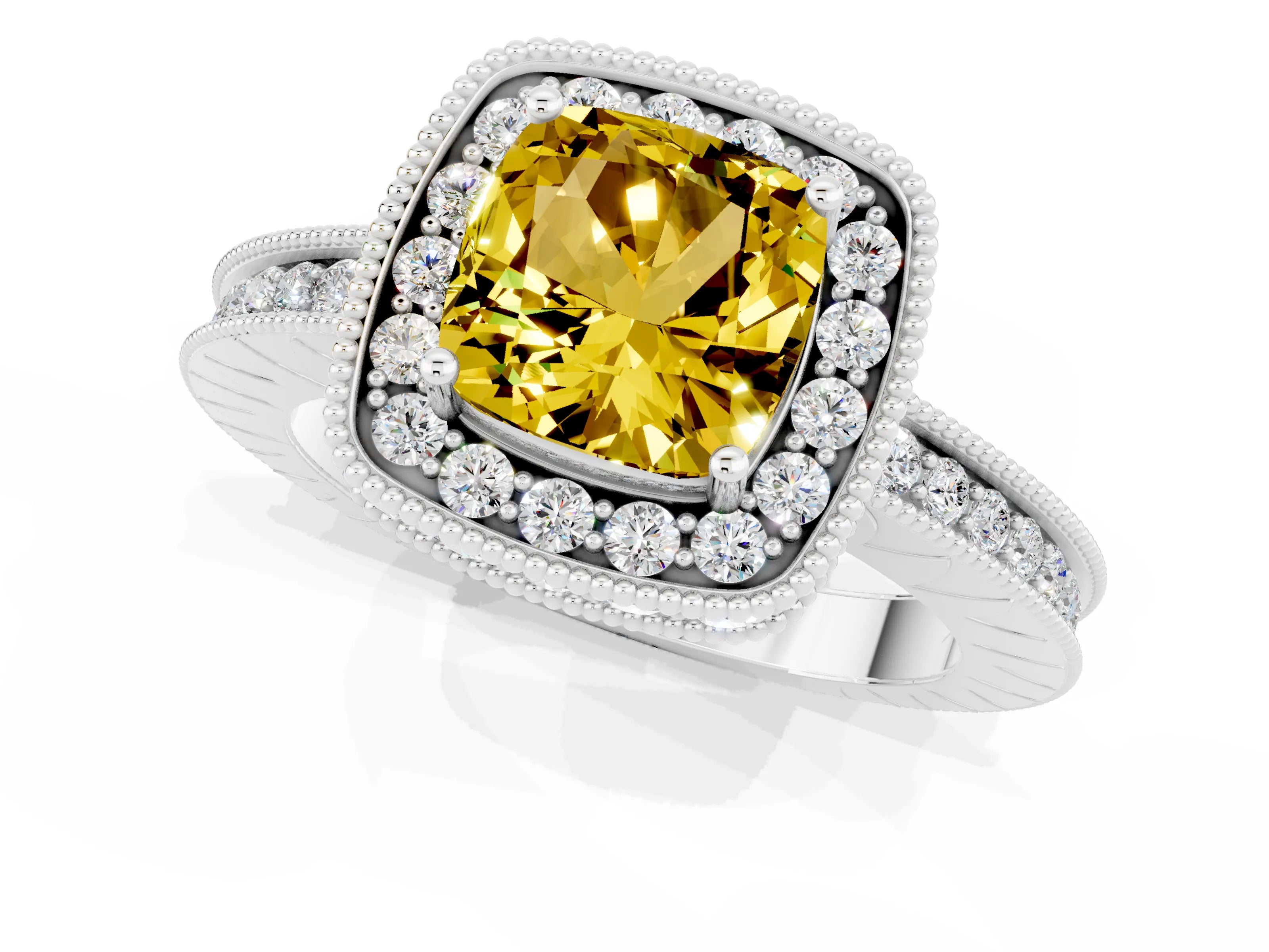 White gold Cushion Cut Halo Diamond Engagement Ring with Milgrain Pave Band and Four-Prong Setting_1