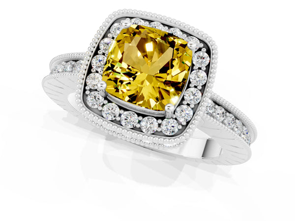 Silver Cushion Cut Halo Diamond Engagement Ring with Milgrain Pave Band and Four-Prong Setting