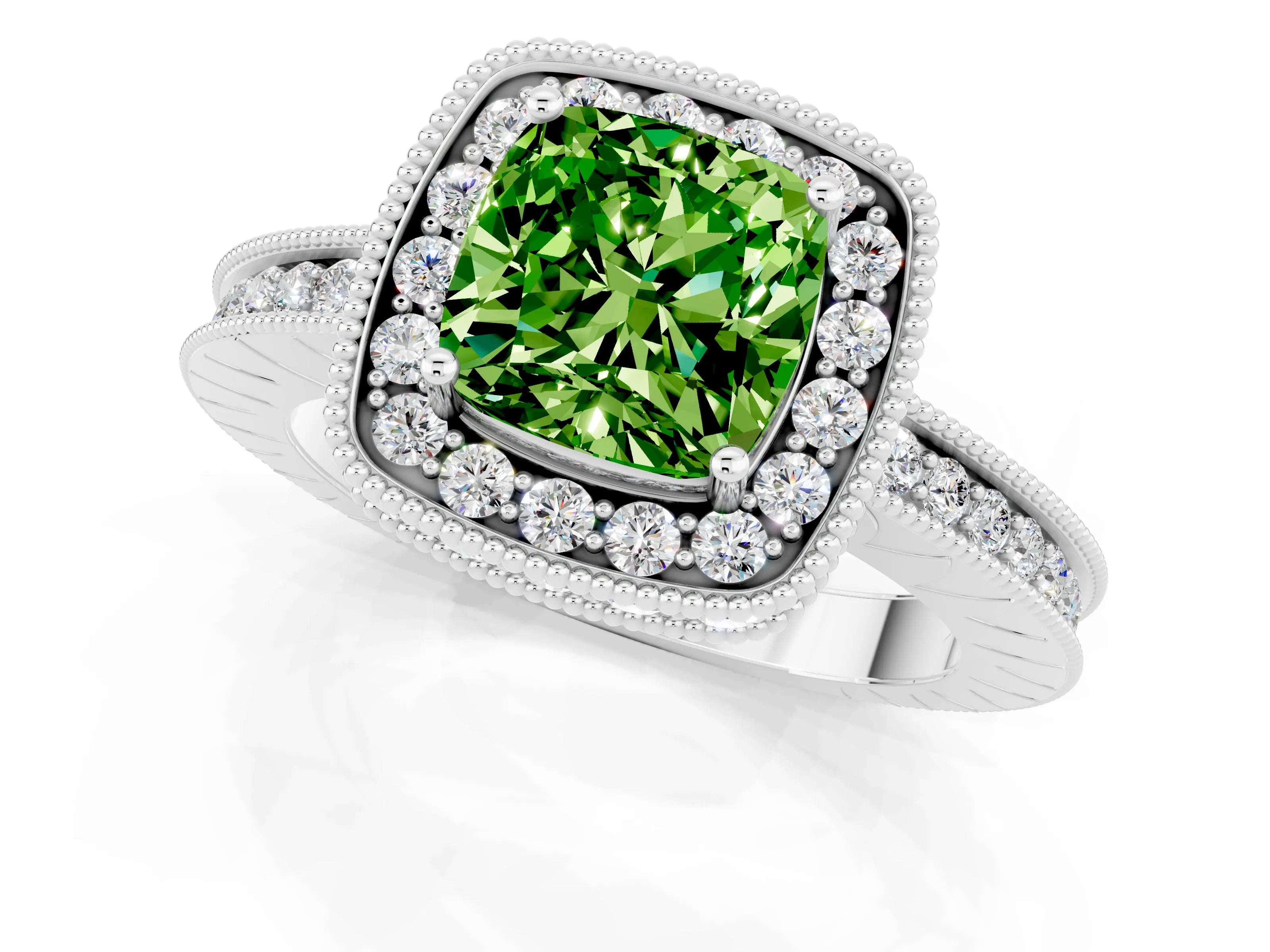 White gold Cushion Cut Halo Diamond Engagement Ring with Milgrain Pave Band and Four-Prong Setting_1
