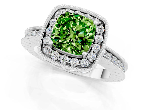 Silver Cushion Cut Halo Diamond Engagement Ring with Milgrain Pave Band and Four-Prong Setting