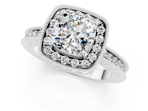 White gold Cushion Cut Halo Diamond Engagement Ring with Milgrain Pave Band and Four-Prong Setting_1