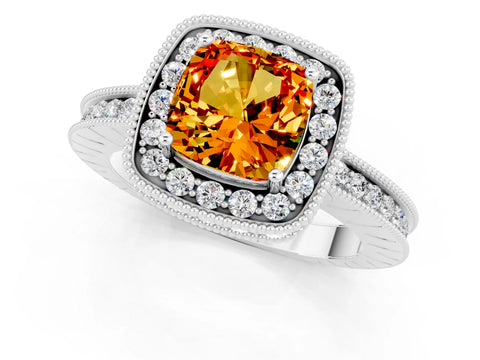 White gold Cushion Cut Halo Diamond Engagement Ring with Milgrain Pave Band and Four-Prong Setting_1