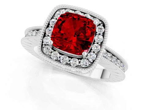 White gold Cushion Cut Halo Diamond Engagement Ring with Milgrain Pave Band and Four-Prong Setting_1