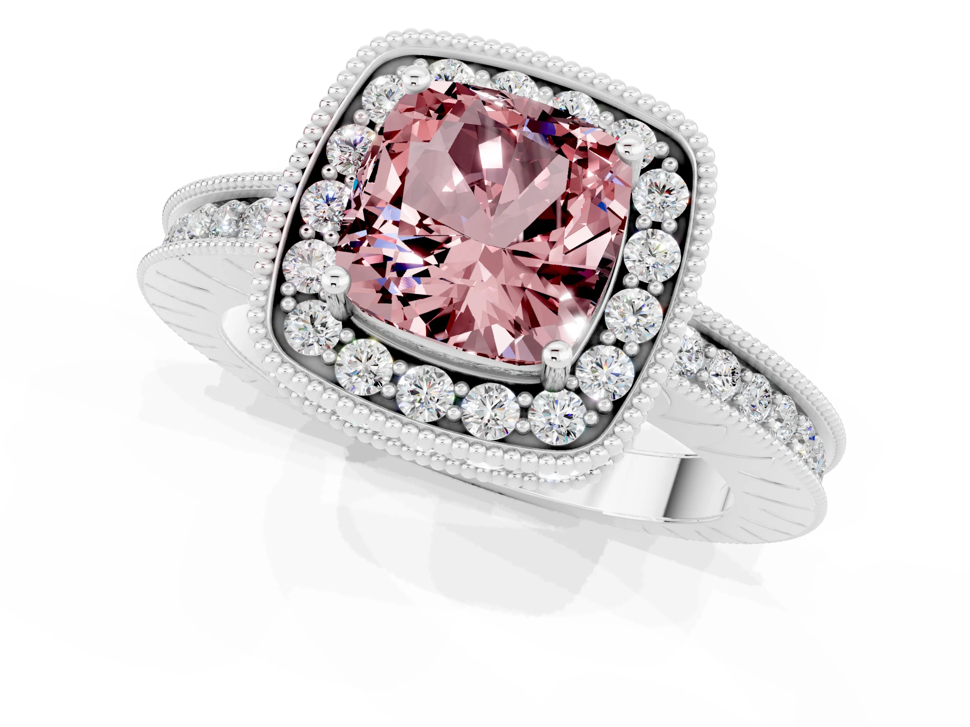 White gold Cushion Cut Halo Diamond Engagement Ring with Milgrain Pave Band and Four-Prong Setting_1