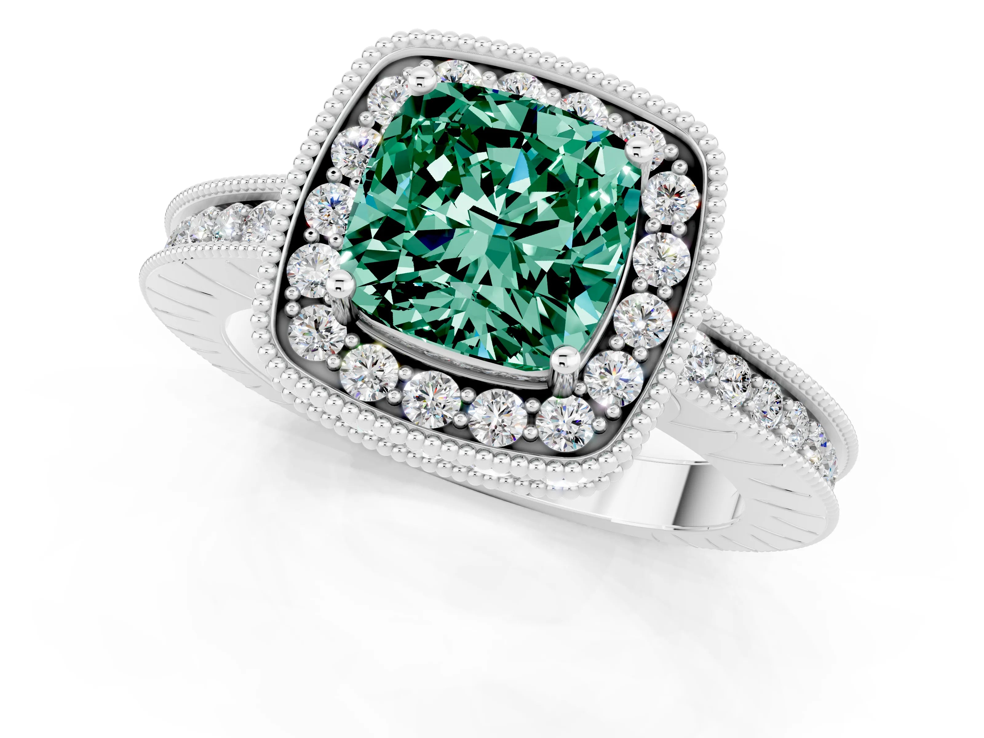 White gold Cushion Cut Halo Diamond Engagement Ring with Milgrain Pave Band and Four-Prong Setting_1
