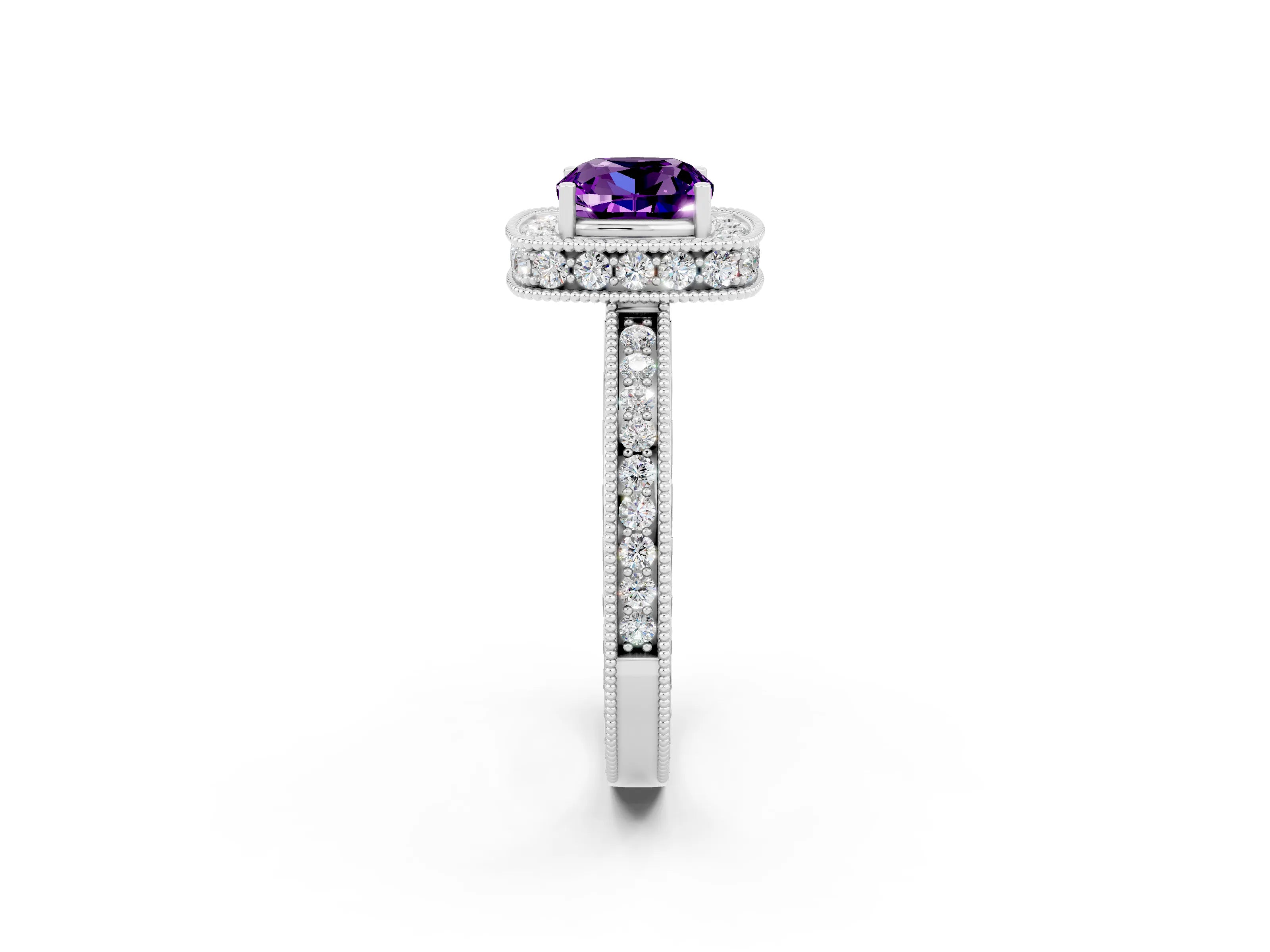 White gold Cushion Cut Halo Diamond Engagement Ring with Milgrain Pave Band and Four-Prong Setting_2