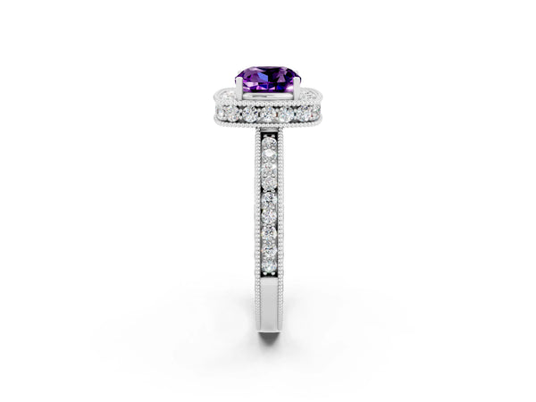 Platinum Cushion Cut Amethyst Milgrain Halo Engagement Ring with Round Pavé Band and Prong Setting