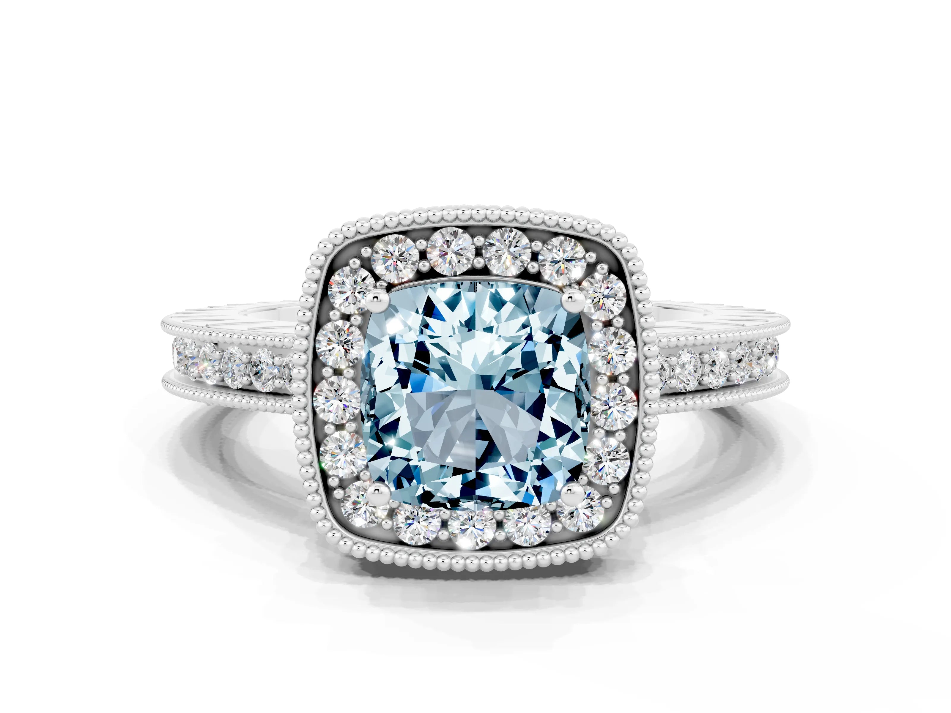 White gold Cushion Cut Halo Diamond Engagement Ring with Milgrain Pave Band and Four-Prong Setting_21