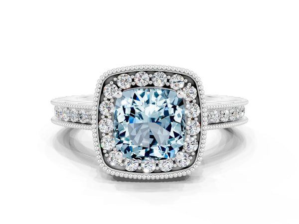 White gold Cushion Cut Halo Diamond Engagement Ring with Milgrain Pave Band and Four-Prong Setting