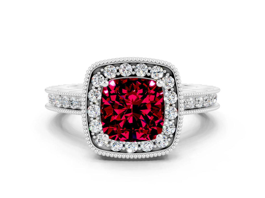 White gold Cushion Cut Halo Diamond Engagement Ring with Milgrain Pave Band and Four-Prong Setting