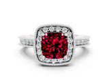 White gold Cushion Cut Halo Diamond Engagement Ring with Milgrain Pave Band and Four-Prong Setting